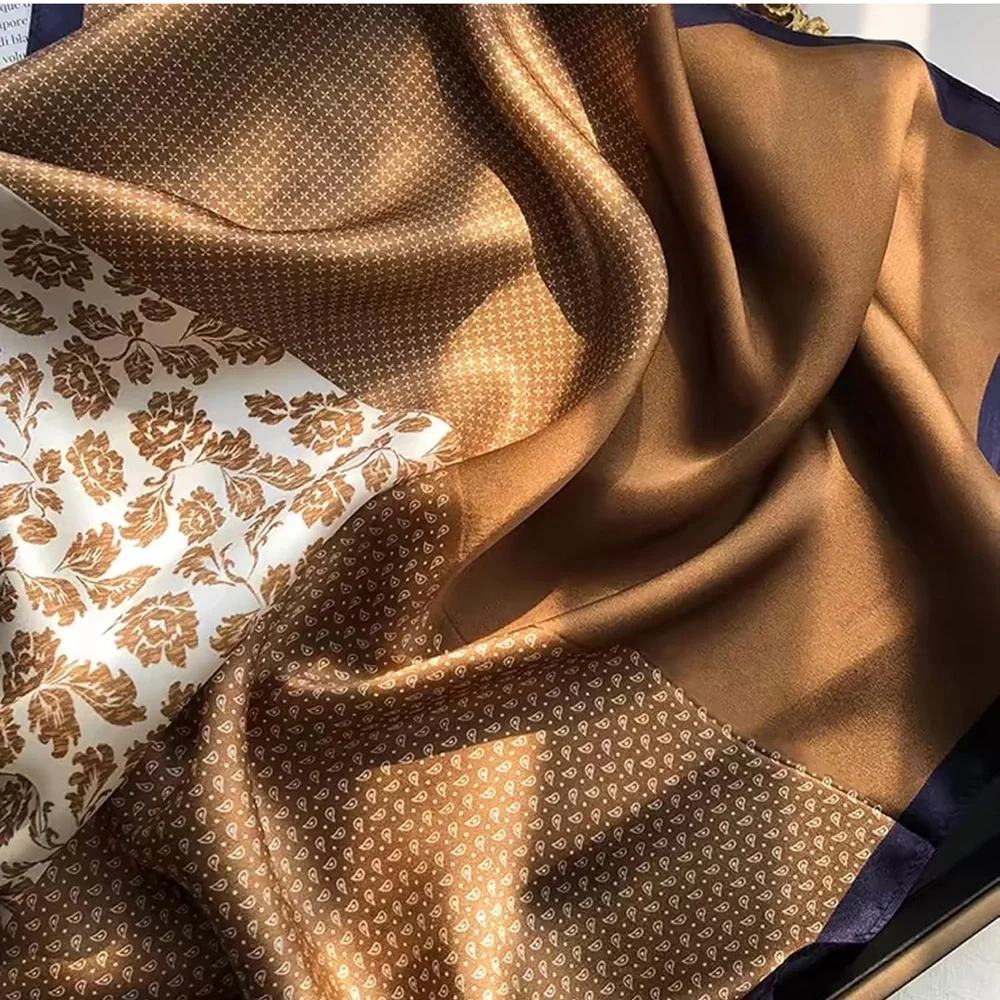 Brown & Cream Patterned Silk Scarf 100% Real Mulberry Silk Women Small 21